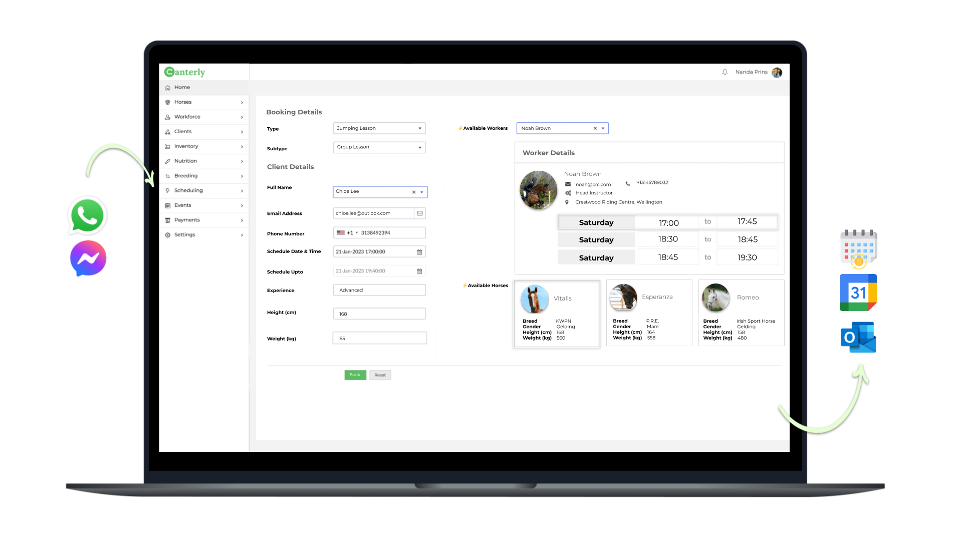 Effortless, automated booking, scheduling, horse allocation and management of horses, clients, customers, staff, workforce, personnel like an ECPro